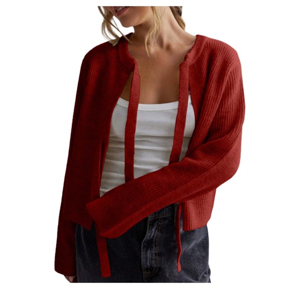 Women's Solid Color Bow Tie Cardigan Loose Long Sleeve Sweater Coat Casual Wear Comfortable Warm Knit Outerwear