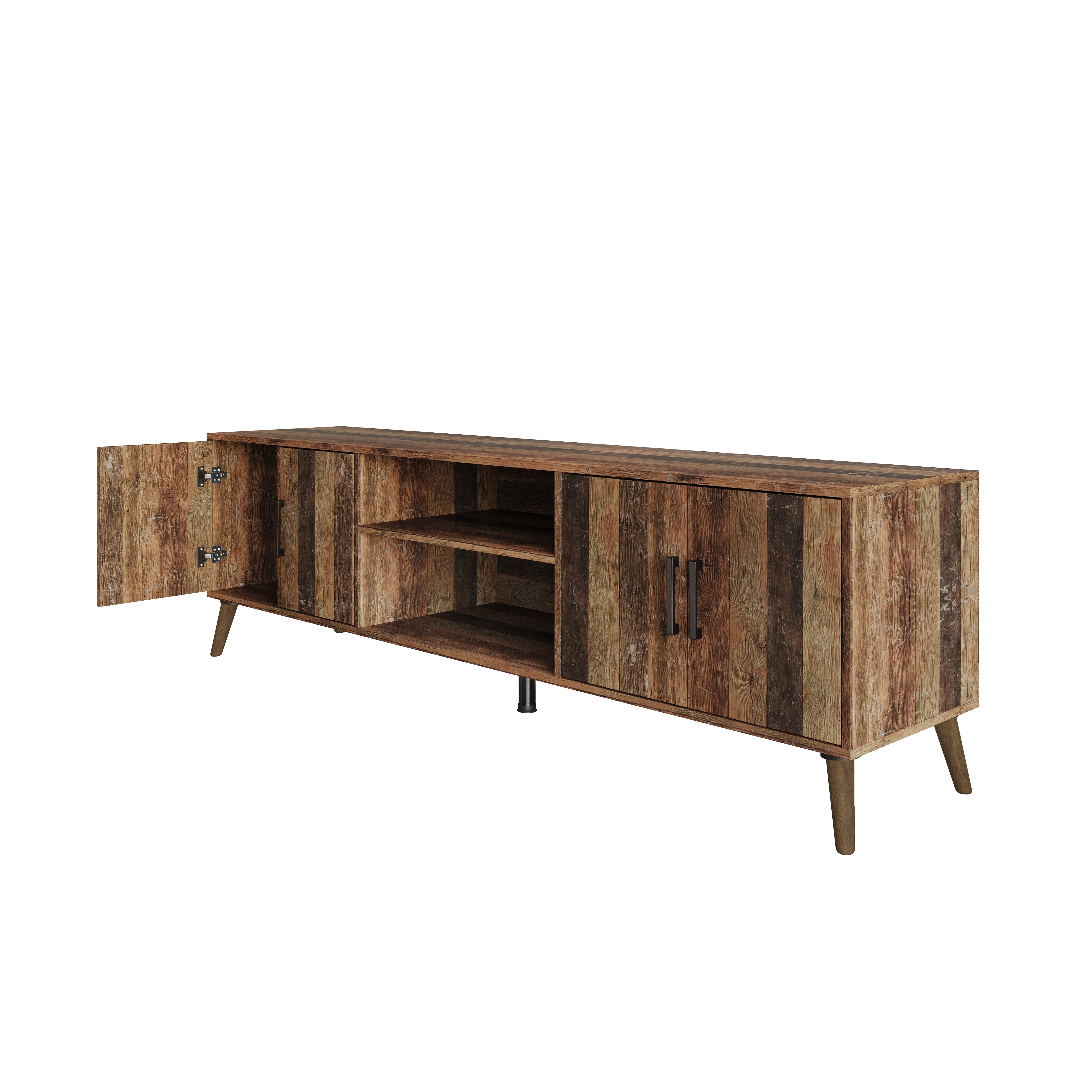 Home Design Juneau 71" TV Stand with Ample Storage, Open Shelves, and Round Cable Hole, Modern Vintage Design for Living Room, Vintage Oak