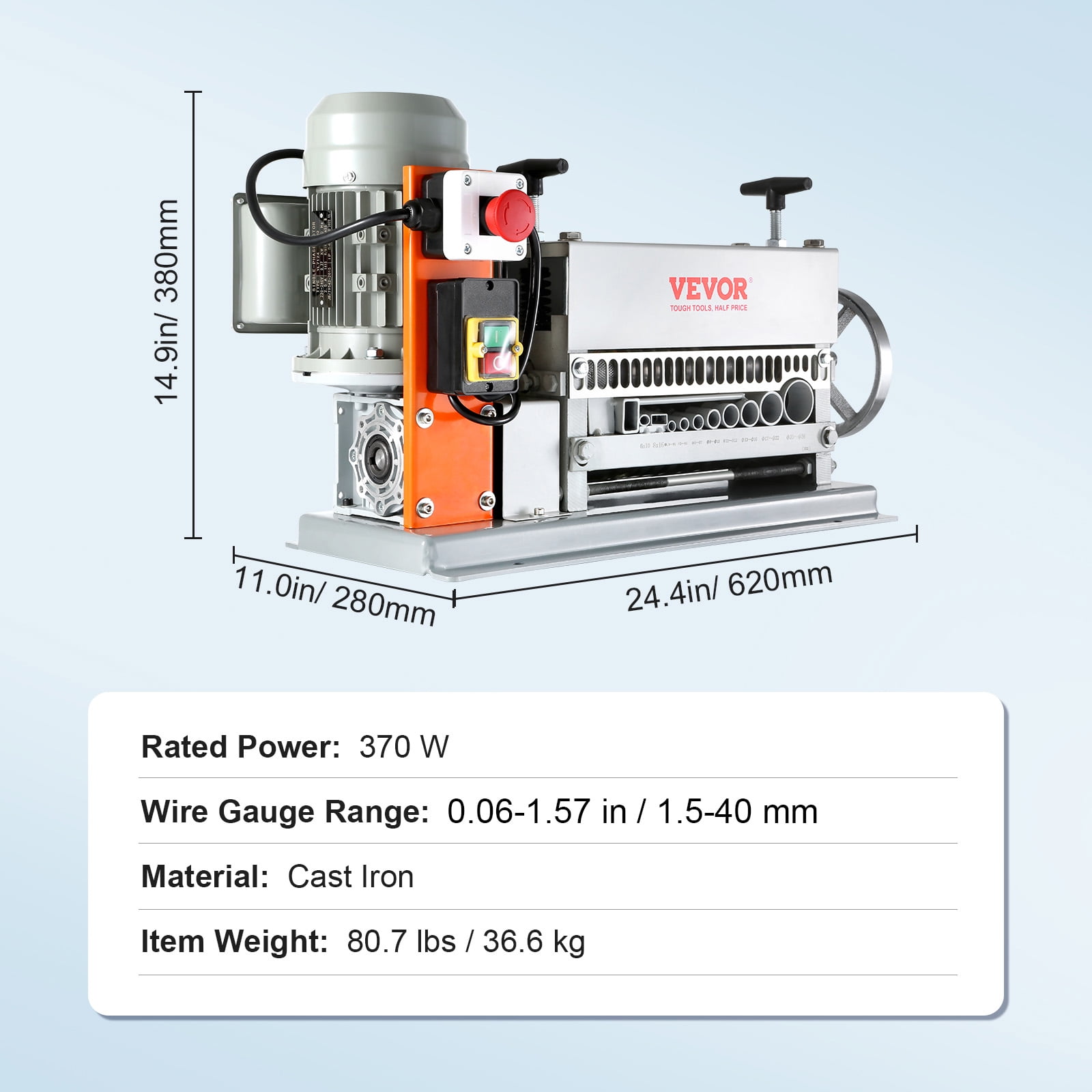VEVOR Electric Cable Stripping Tool, 0.06''-1.57'' Motorized Wire Stripper, 370 W, 88 ft/min, Includes Manual Crank & 11 Channels, Ideal for Copper Scrap Recycling