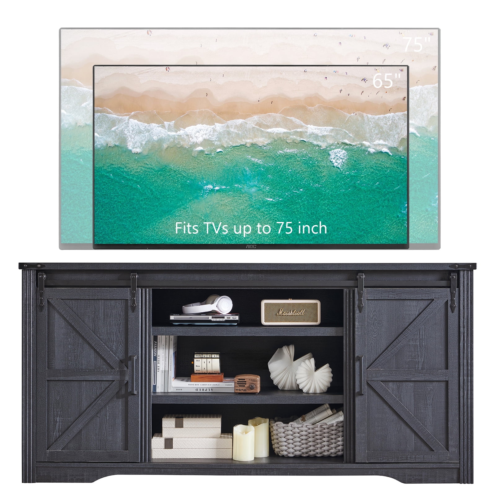 T4TREAM Farmhouse TV Stand with 4 Drawer for TVs up to 75", Farmhouse Entertainment Center with Adjustable Shelves & Barn Door, Black