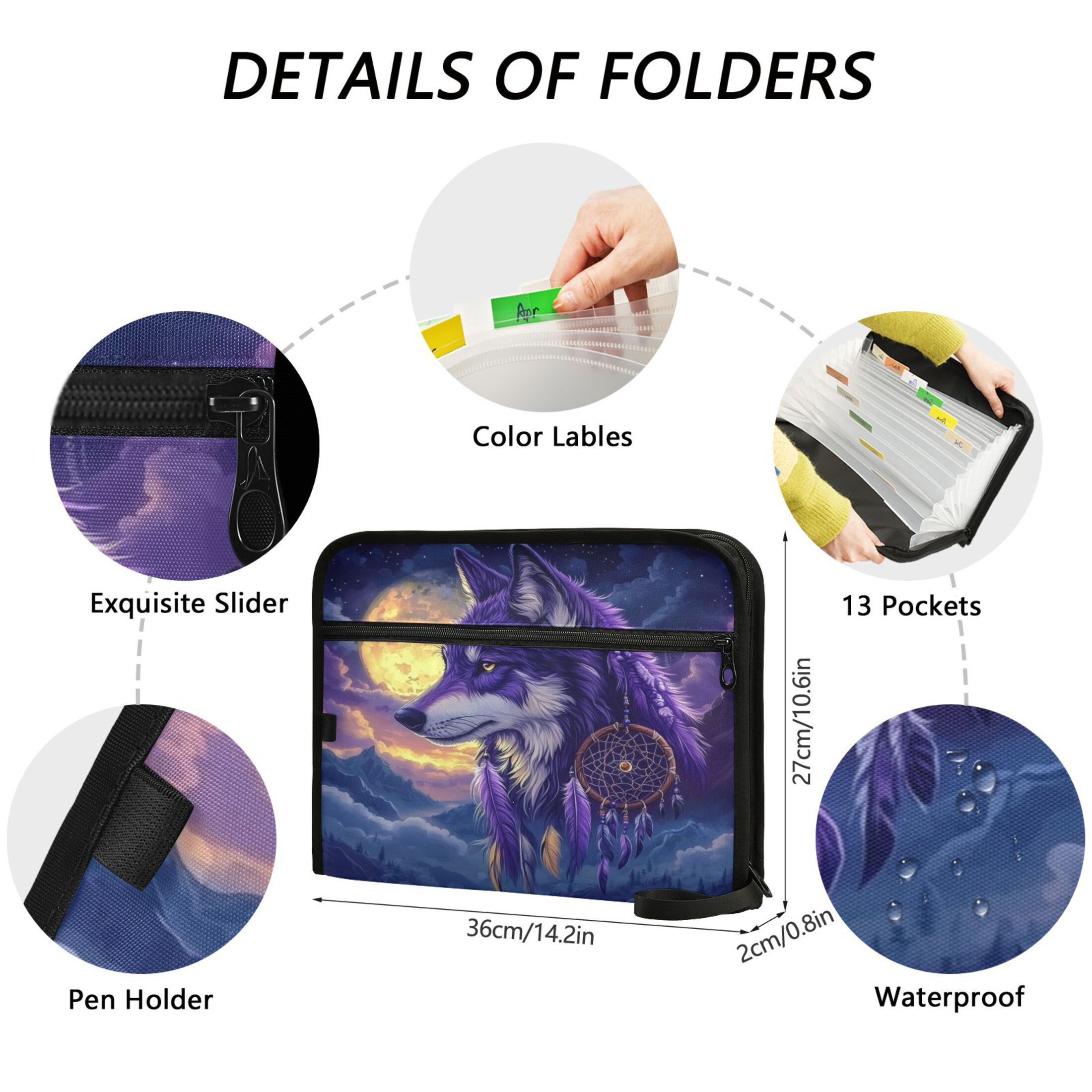 Accordion File Organizer with Zip Closure 13 Pockets Expanding File Folder Letter A4 Paper Document Organizer for Home Office A Beautiful Wolf
