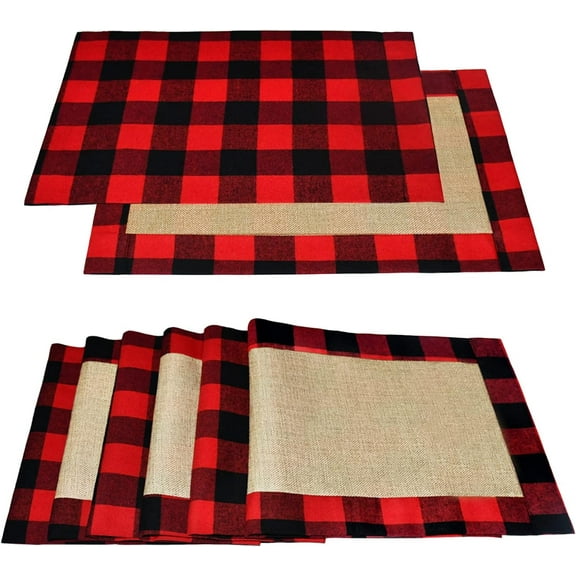 mubwai Set of 6 Christmas Placemats Buffalo Check Placemats Red Black Plaid Reversible Burlap & Cotton Place mat for Christmas Holiday Table Home Decoration