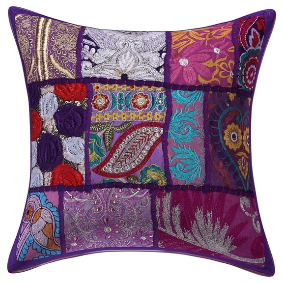 Stylo Culture Indian Cotton Home Decor Throw Pillow Sham Cover Purple 12x12 Bohemian Vintage Patchwork Indian Couch Cushion Cover 30 x 30 cm Living Room Abstract Square Pillowcase | 1 Pc