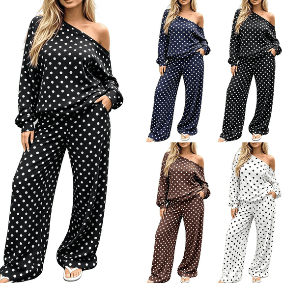 Gamivast Polka Dot 2 Piece Outfits for Women Long Sleeve One Shoulder Tops and Wide Leg Pants Set Casual Loose Fit Lounge Wear Summer Outfits Black M