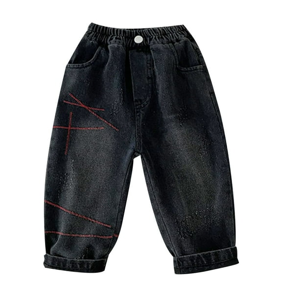 Odeerbi 1-10 Years Kids Boys Jeans Cute Retro Denim Pants Solid Color Elastic Waist Cowboy Pants