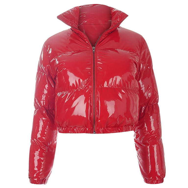 Red cropped vinyl puffer cheap jacket