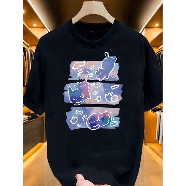 Camiseta informal de verano para niño con estampado de gato, manga corta, algodón suave, cuello redondo, ligera, lavable a máquina, diseño geométrico divertido en azul y morado.