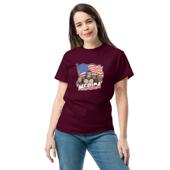 Funny Bigfoot USA Flag T-Shirt, Patriotic 4th of July Apparel (Maroon, S)