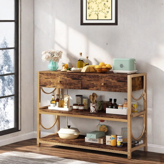 Kojooin Console Table with Drawers, Rustic Brown Entryway Sofa Table with 2 Shelves, Gold U-Shaped Frame and Adjustable Feet