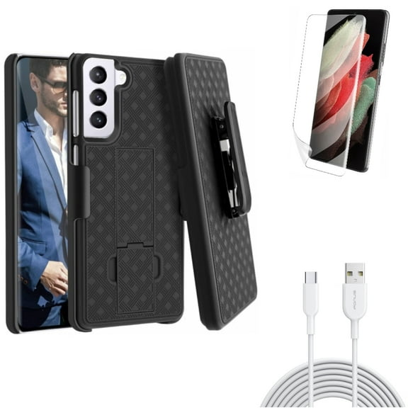 Case Belt Clip w 6ft USB-C Cable w Matte Screen Protector for Samsung Galaxy S21 Plus - Holster Swivel, Type-C Fast Charger, TPU Film Anti-Glare Accessory Bundle
