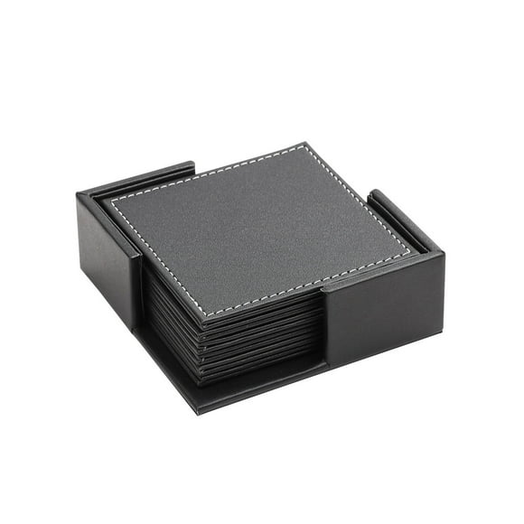 Nvzi Posavasos de cuero con soporte (paquete de 6), protegen los muebles de marcas de agua, rayones y daños (cuadrados, negros)