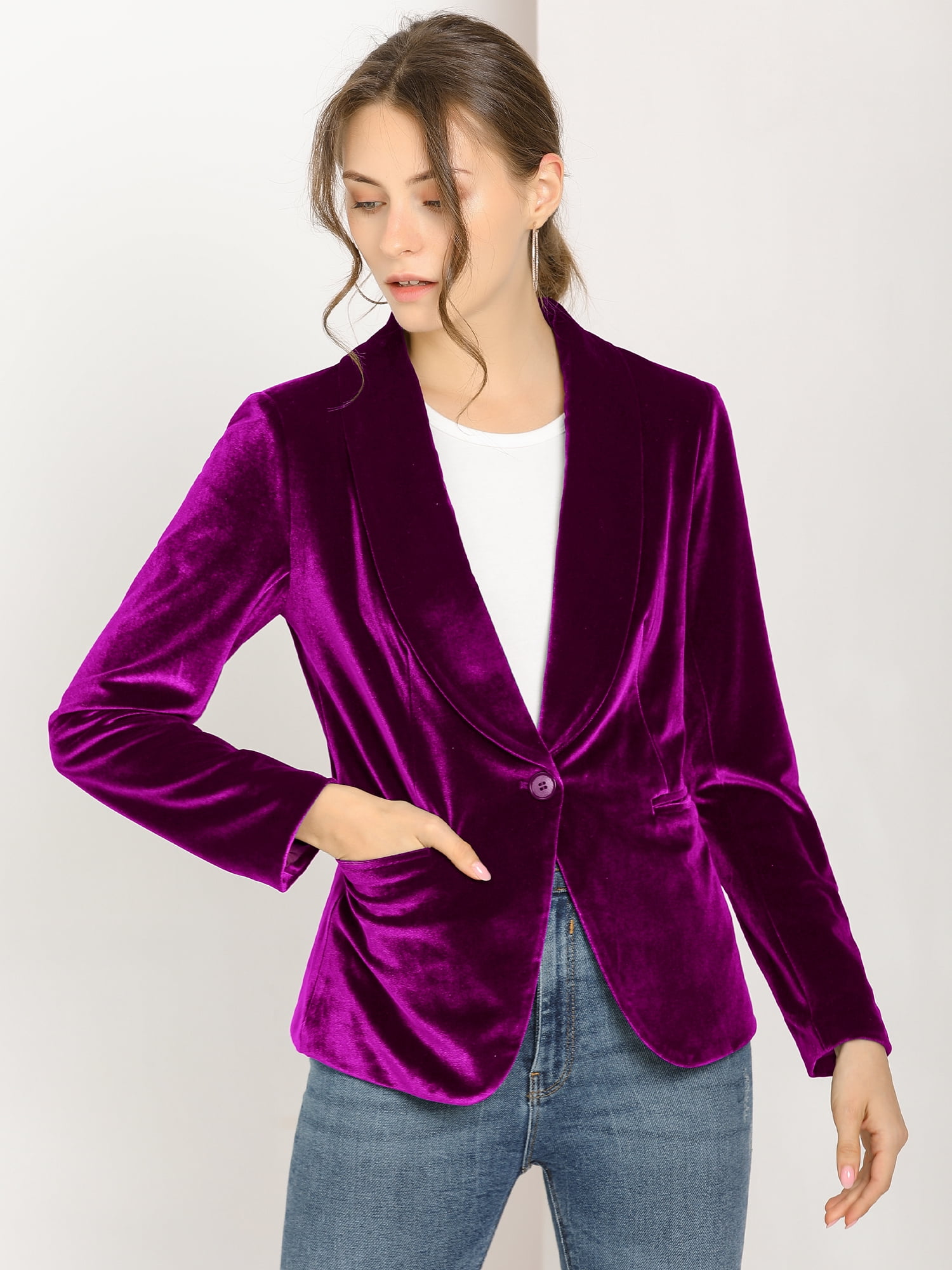 DARING DIVA Women's Velvet Office Coat Solid Shawl Collar Blazer XL Violet Purple
