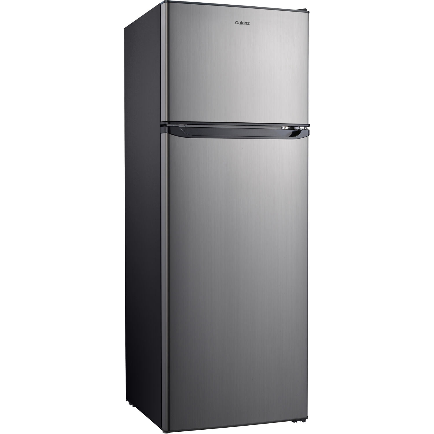 Photo 1 of Galanz GLR12TS5F Refrigerator, Dual Door Fridge, ** TOP CORNER DENTED, STENCH FROM INSIDE. Adjustable Electrical Thermostat Control with Top Mount Freezer Compartment, 12.0 Cu.Ft, Stainless Steel

