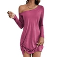 thumbnail image 1 of Tunique à une Épaule pour Femmes Manches Longues Ourlet Torsadé Robe Mini Décontractée Ample Printemps Été Rose Rouge G, 1 of 10