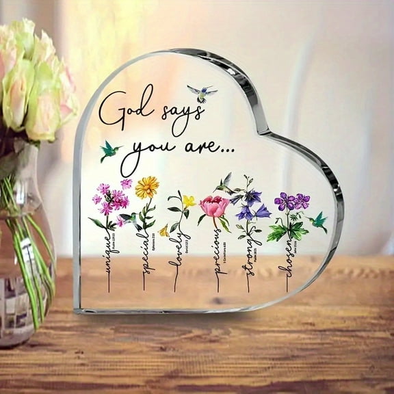 "God Says You Are" Inspirational Acrylic Heart Keepsake - Christian Prayer & Bible Verses Desk Decor With Floral Design - Perfect For Home Or Office, Uplifting Gift For Women