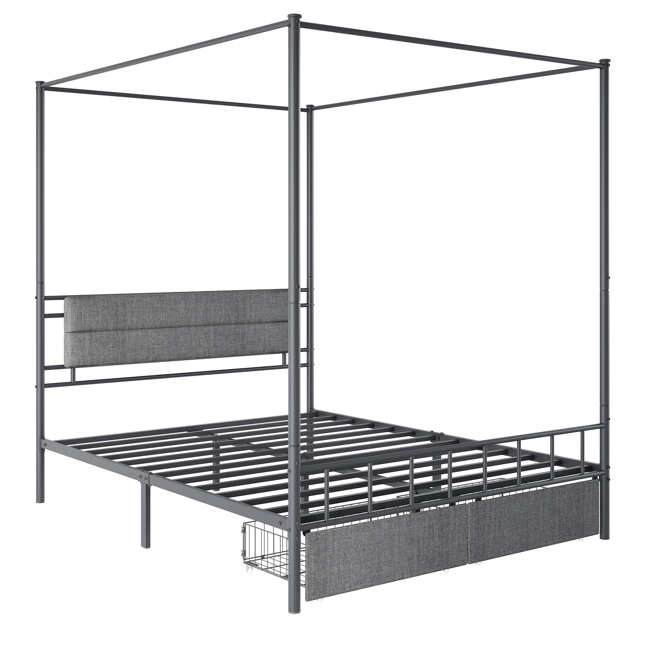 FullSize Bed Frame, HSUNNS Upholstered Full Size Canopy Bed Frame with 2 Storage Drawers, Headboard and Footboard, Metal Platform Bed with Under-Bed Storage, No Box Spring Needed, Black+Gray