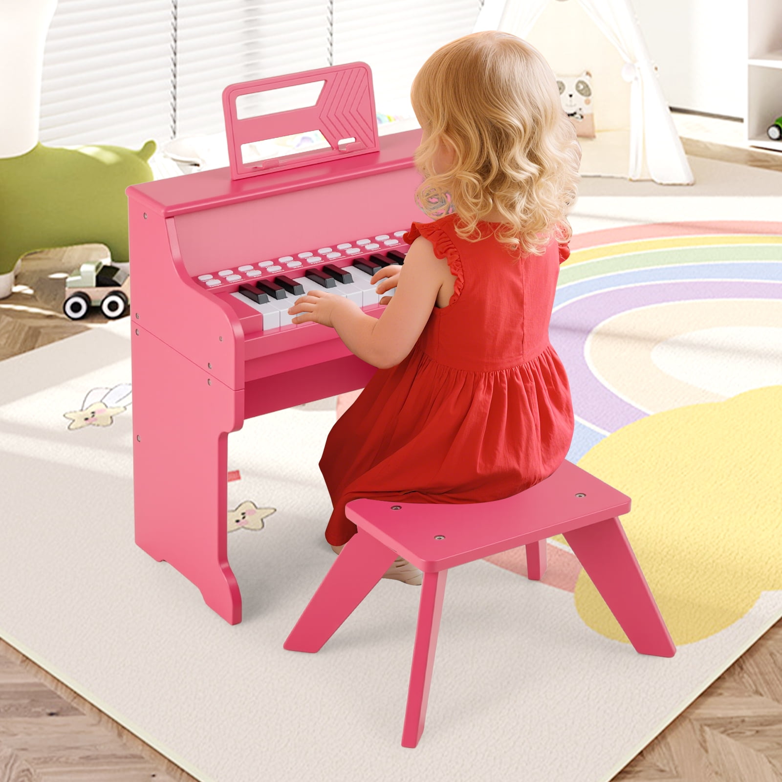 Patiojoy 25 Lighted Keys Kids Piano Keyboard with Stool Mini Digital Piano Wooden Toy Pink