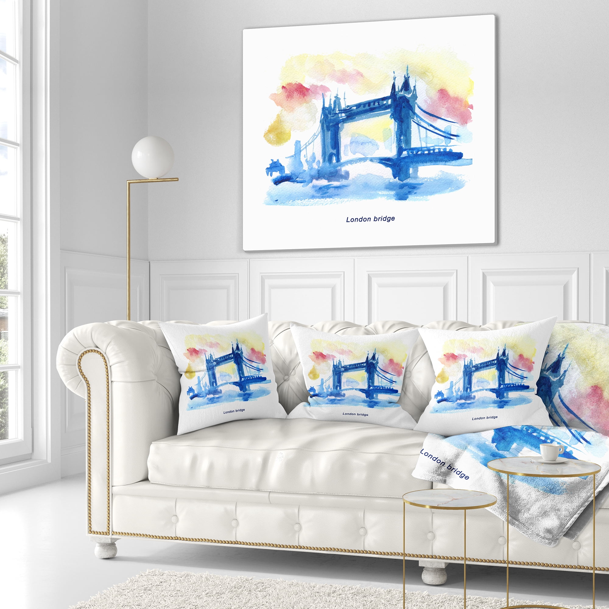 Designart London Hand drawn Illustration - Cityscape Painting Throw Pillow - 16x16