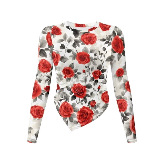 Xoenoiee Rose Flower Print Women's Long Sleeve T Shirts Crew Neck Slim Fit Tops Dressy Ruched Basic Tee Y2k Going Out Shirts Irregular Hem Blouser, Size S