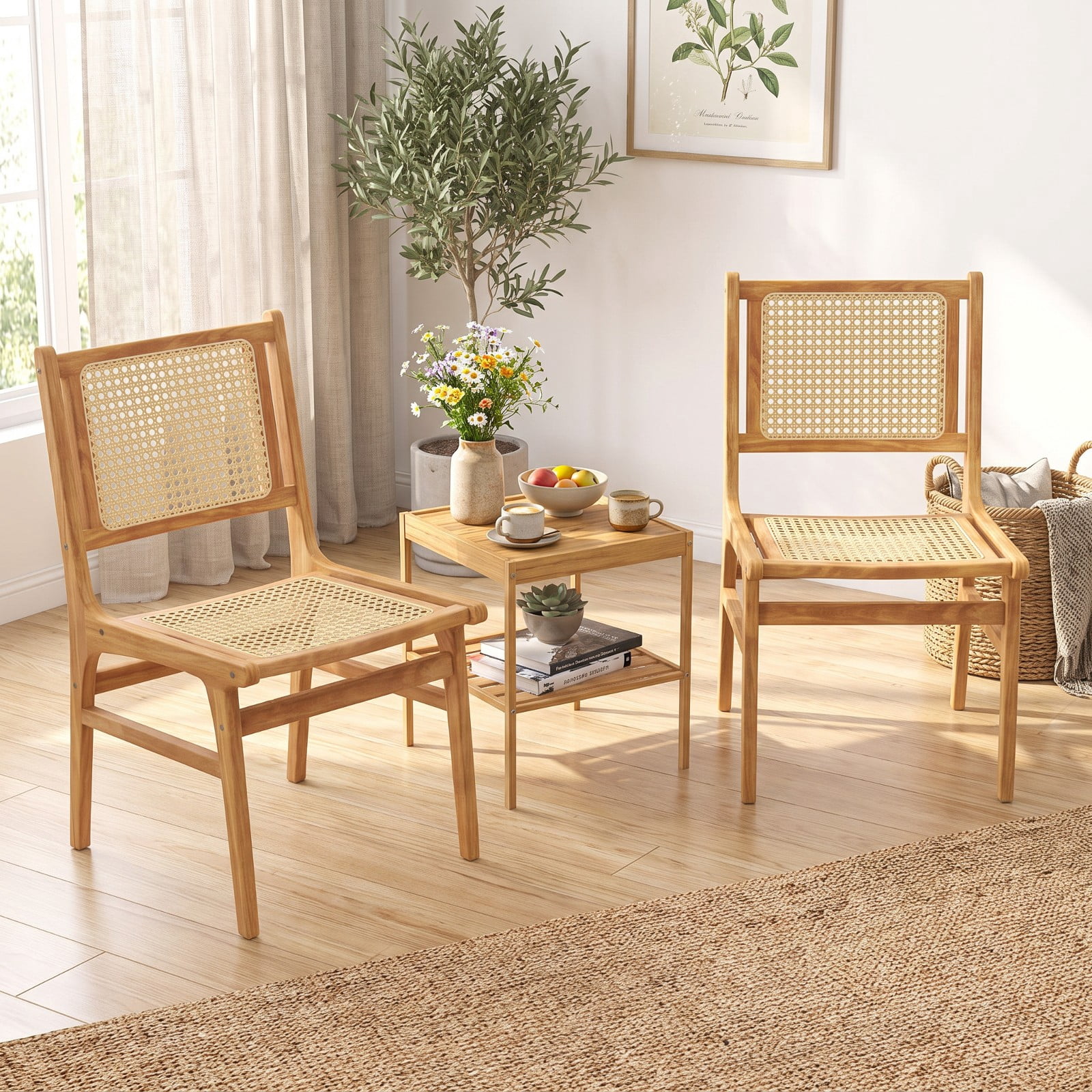 Furnibear Rattan Dining Chair with Natural Cane Woven Backrest and Teak Wood Frame