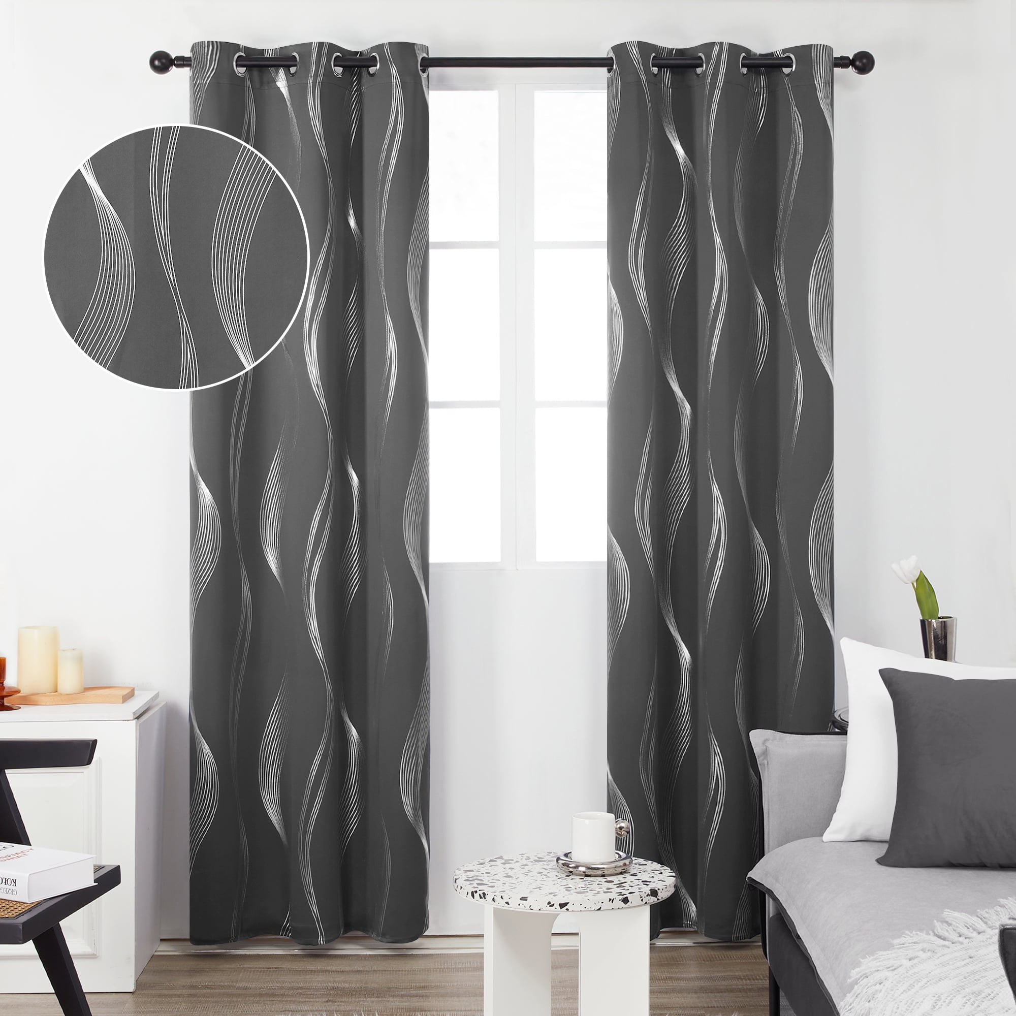 Deconovo Blackout Curtains, Thermal Insulated Wave Pattern Window Panels, 42"x72", Dark Gray, 2 Panels