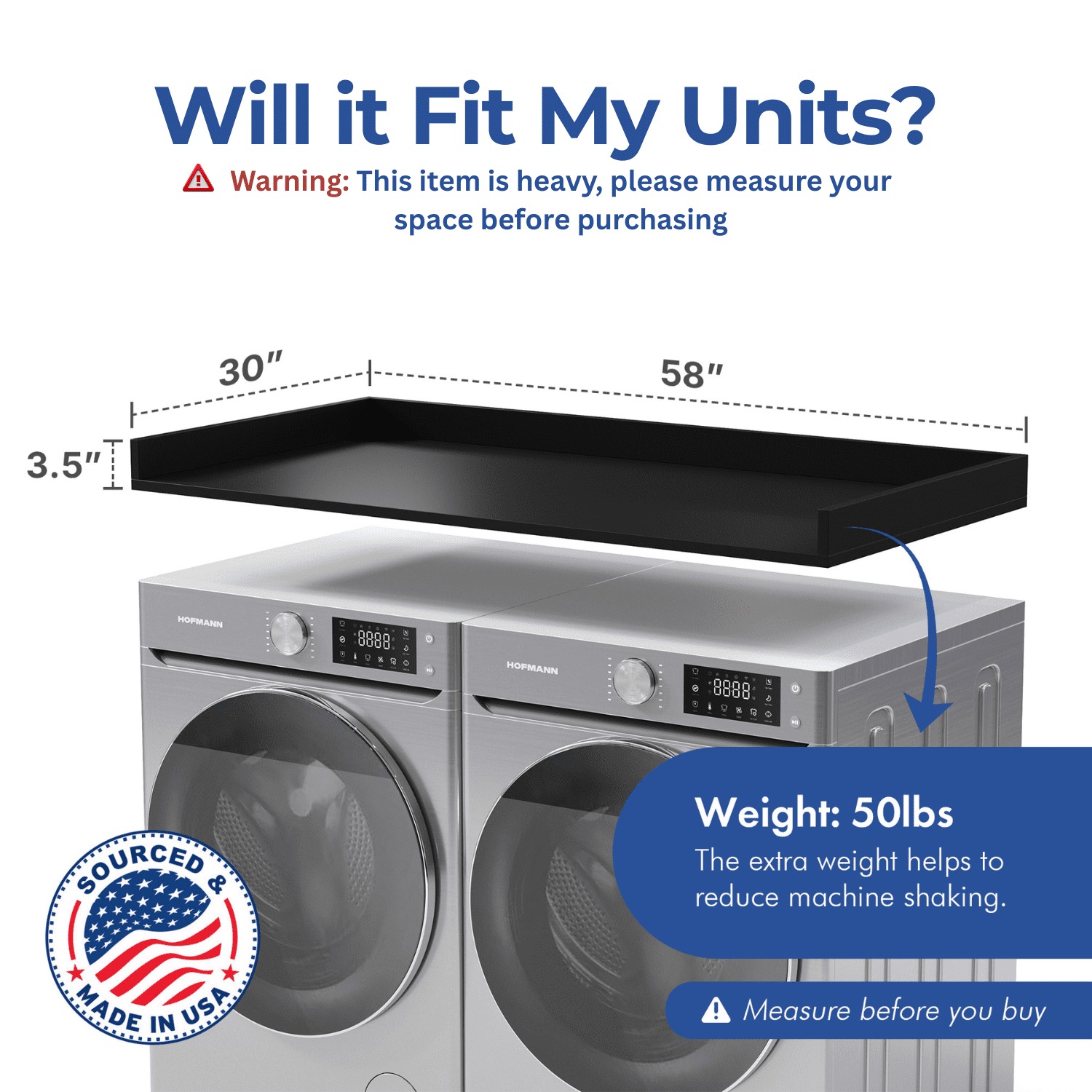 OfficeSimpli Washer Dryer Countertop w Non-Slip Pads, Made in USA, Laundry Room Wood Topper, Washer Dryer Cover for Top, Laundry Guard, Laundry Countertop, Laminate Finish, (Black), Large