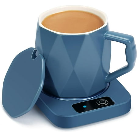 HIBIBUD Electric Coffee Warmer with Ceramic Mug,131 Fahrenheit Temperature Control,16W Self-Heating Plate for Desk,Home,Office,Keeps Beverages Tea Milk Warm (Blue)