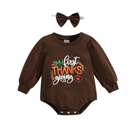 

AMILIEe Toddler Thanksgiving Romper Long Sleeve Cartoon Turkey/Letter Print Jumpsuit + Bow Headband Suit