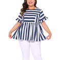 thumbnail image 1 of Blusa de verano casual babydoll de rayas para mujer Agnes Orinda de talla grande con mangas cortas con volantes 2025 3X Azul Blanco, 1 of 6