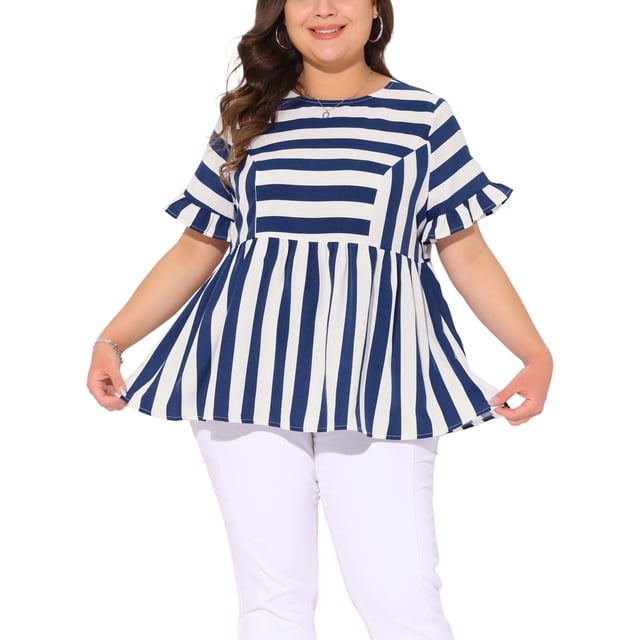 Blusa de verano casual babydoll de rayas para mujer Agnes Orinda de talla grande con mangas cortas con volantes 2025 3X Azul Blanco