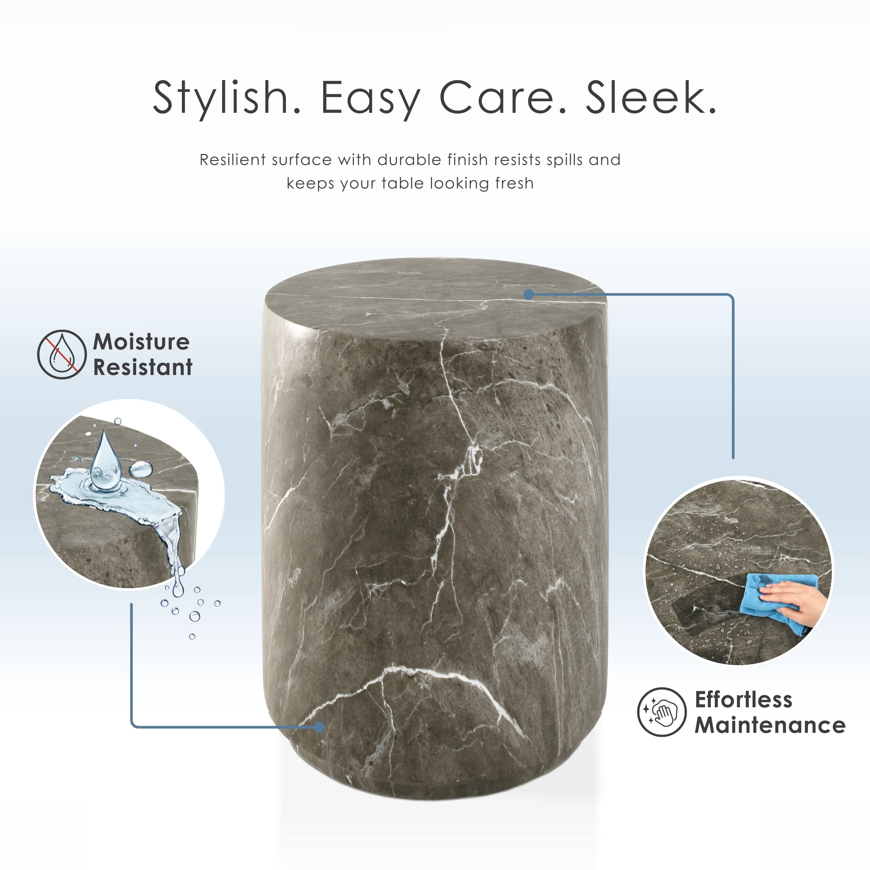 Furniture of America Isla Modern Stone Indoor & Covered Patio Round Drum End Table, Brown Gray Marble