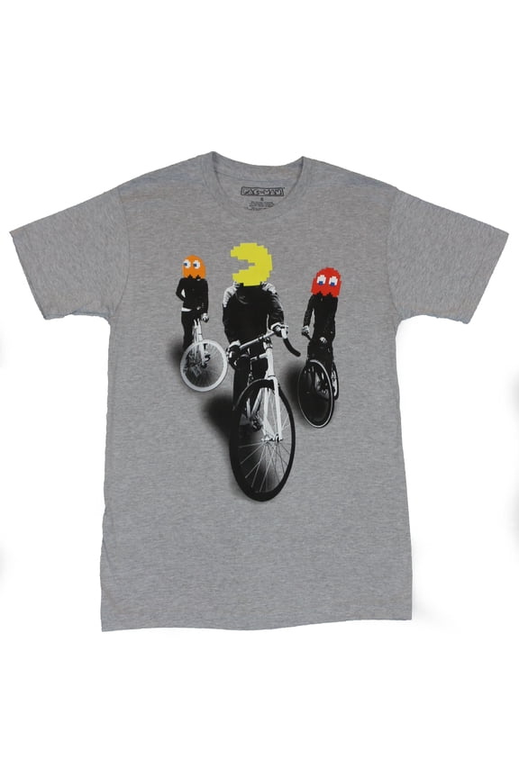 Mens T-Shirt - Pac Man Heads on Bicycle Riders Image (Small)