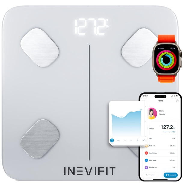 Báscula inteligente de grasa corporal INEVIFIT, analizador digital de composición corporal con Bluetooth de alta precisión para baño. Mide peso, grasa corporal, agua, músculo, grasa visceral y masa ós