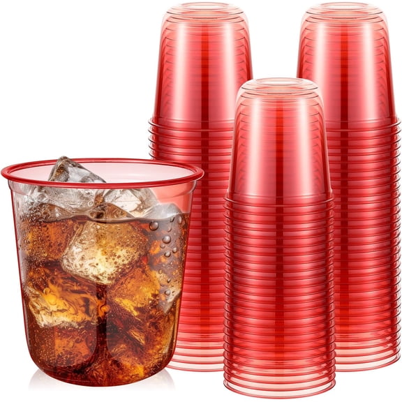 TB-50pcs Disposable Stemless Glasses 12oz Crystal Plastic Wine Glasses Clear Classic Pet Cup for Meeting Weddings Birthdays Cocktail Christmas Party Supplies (Red)