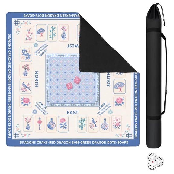 Mahjong Mat 31.5" x 31.5" Cream Blue Chinese Dragon Floral Pattern Non-Slip Noise Reduction Mahjong Tiles for Dominoes Poker Card Board Games