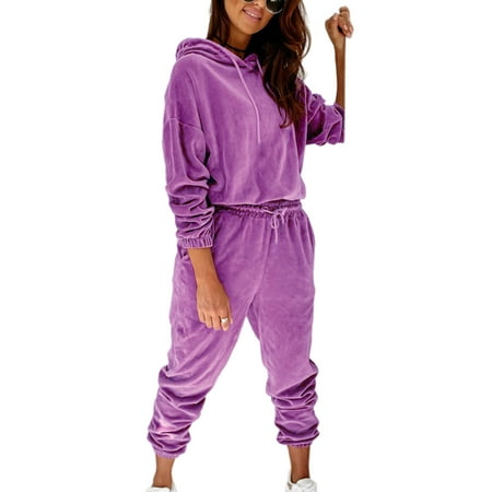 

Lumento Women Velvet Pajamas Set Casual Plain Hoodies and Pants Sleepwear Loungewear