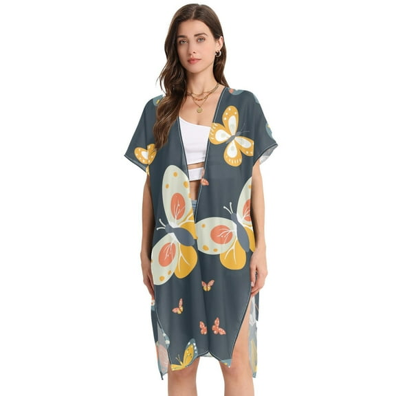 Butterflies Orange Women Swimsuit Cover up V Neck Beach Dress Short Sleeve Vacation Outfits Swimwear