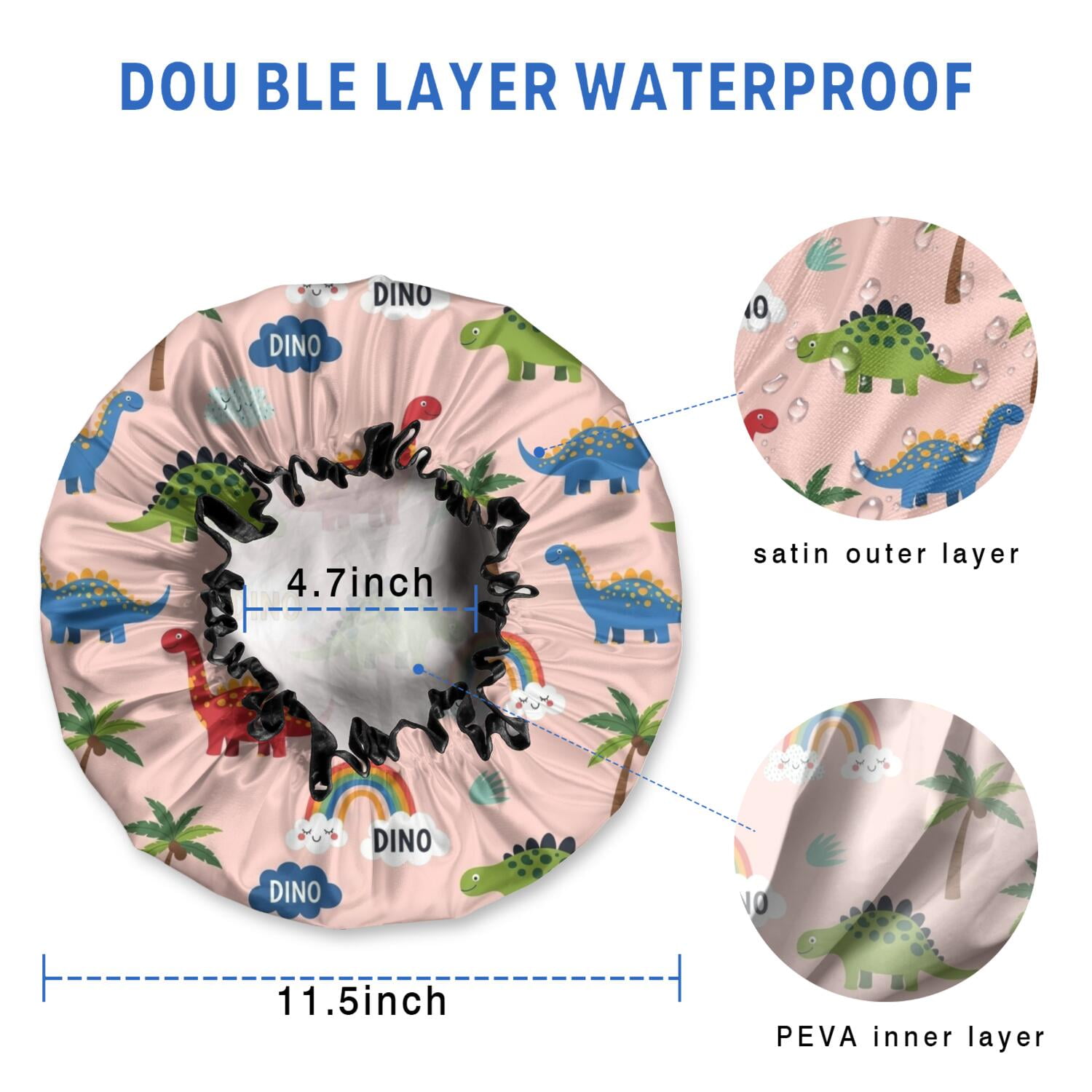 Shower Caps,Pink Dinosaur and Rainbow Pattern Waterproof Shower Cap for Women 4 Pieces,Double Reusable Hair Cover for Shower PEVA Elastic Stretch Hem