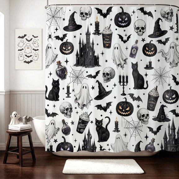 Halloween Shower Curtain Spooky Black And White Castle Ghost Pumpkin Cat Bath Curtain with Hooks 71x71 inches