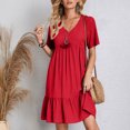 thumbnail image 4 of Womens V Neck Mini Dresses 2025 Summer Short Sleeve Casual A Line Flowy Pleated Ruffle Swing Shirt Dress, 4 of 8