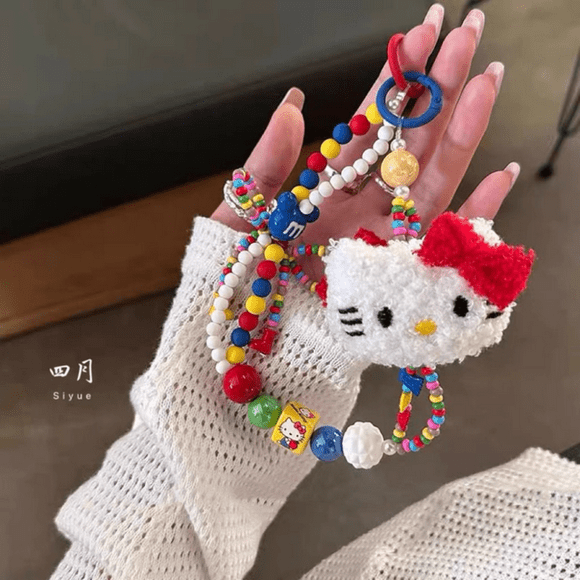 Sanrio Porte-Clés Perlé Coloré Hello Kitty Kawaii Dessin Animé Peluche Sangle de Téléphone Sangle de Poignet Pendentif de Sac à Dos Décoration Cadeaux Jiayi