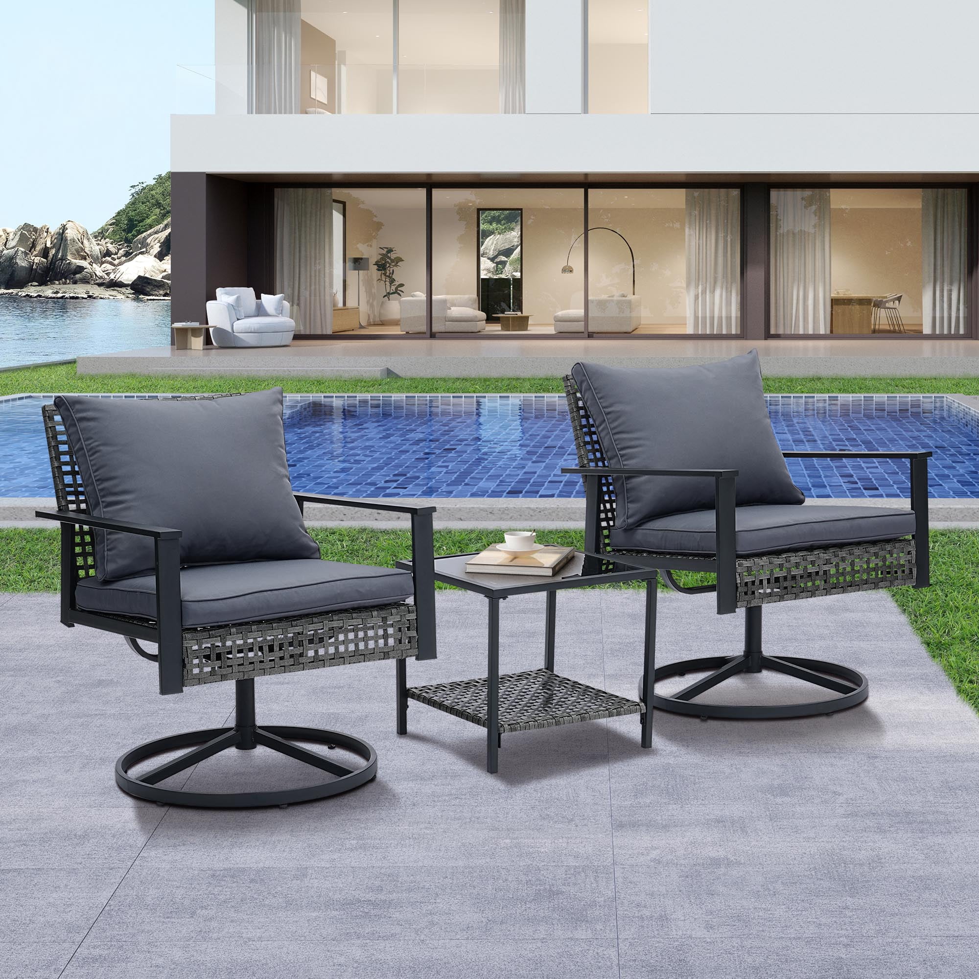 Ainfox Premium Patio Swivel Bistro Set,3-Piece Ourdoor Furniture Set,Wicker Rattan Coversation Rocking Chairs w/Glass Top Table & Cushions,Grey