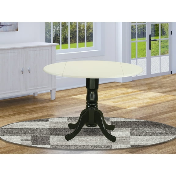 Round Dining Table - Modern Kitchen Table with Drop Leaves - Linen White & Black Finish - Cozy Family Gathering Table