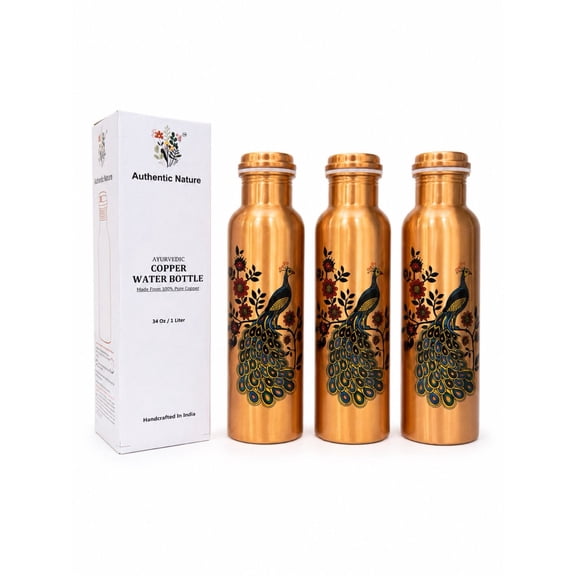 Authentic Nature Ayurvedic Copper Water Bottle, Pure Copper, 1 Litre/34 Oz, Peacock Design , With Health Benefits, Handcrafted in India (Pack of 3 Bottles)
