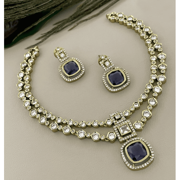 Gold Plated Blue Stone Necklace Set with Earrings – CZ Bridal & Party Jewelry