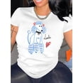 thumbnail image 1 of Camiseta de manga corta para mujer con estampado de perro de dibujos animados, top informal de verano con letras divertidas "Little", cómoda de algodón, lavable a máquina, negra con diseño azul y blan, 1 of 6