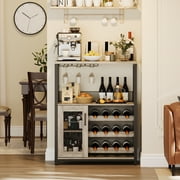 Modern 3-Tier Wine Bar Cabinet with LED Lights – Adjustable Shelves, Mesh Door, Detachable Wine Rack, Glass Holder, Storage – Home, Dining Room, Kitchen – Gray with Light