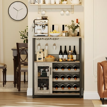 Modern 3-Tier Wine Bar Cabinet with LED Lights – Adjustable Shelves, Mesh Door, Detachable Wine Rack, Glass Holder, Storage – Home, Dining Room, Kitchen – Gray with Light