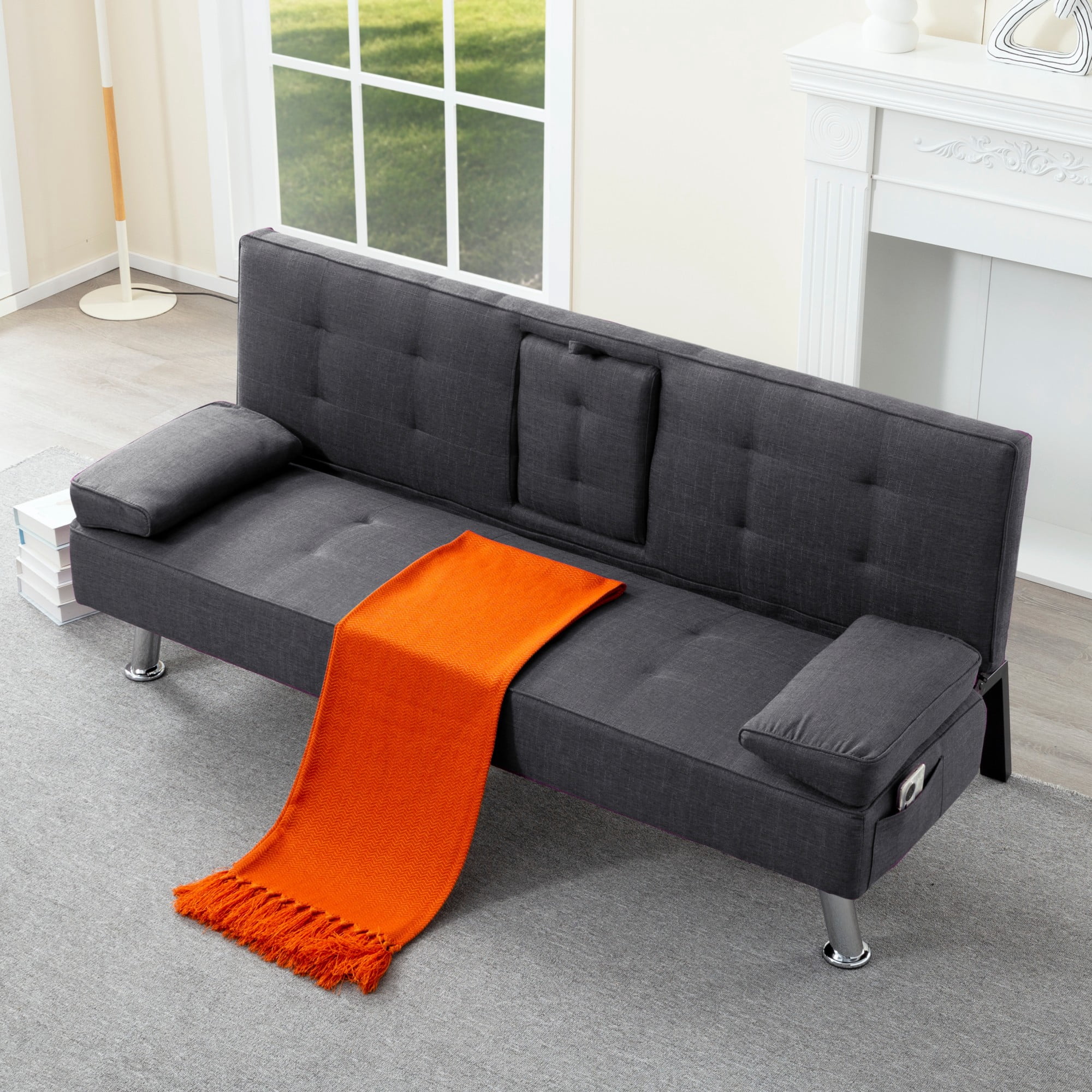 BSHTI 69.49" Fabric Convertible Futon Sofa Bed with Drop-Down Console, 2 Cup Holders, 5-Position Backrest, Side Pocket for Living Room（Dark Grey）
