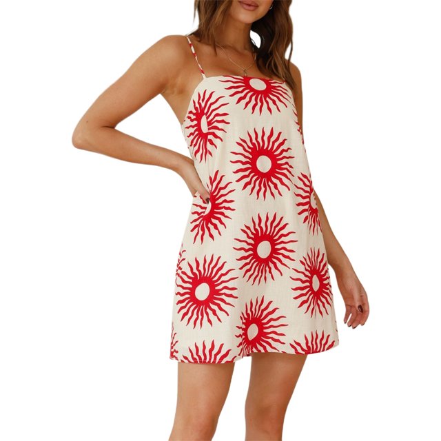 SUNSIOM Femmes Été Sans Manches Mini Robe Spaghetti Bretelles Dos Nu Graphique Imprimé une Ligne Robe Plage Robe de Soleil